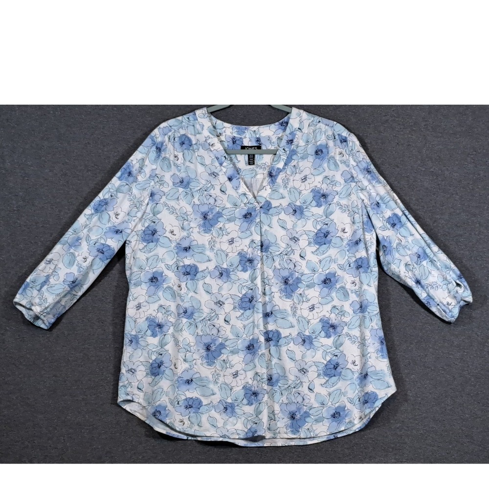 Jones New York Blue White Floral Linen Blend V-Neck 3/4 Sleeve Blouse PXL
